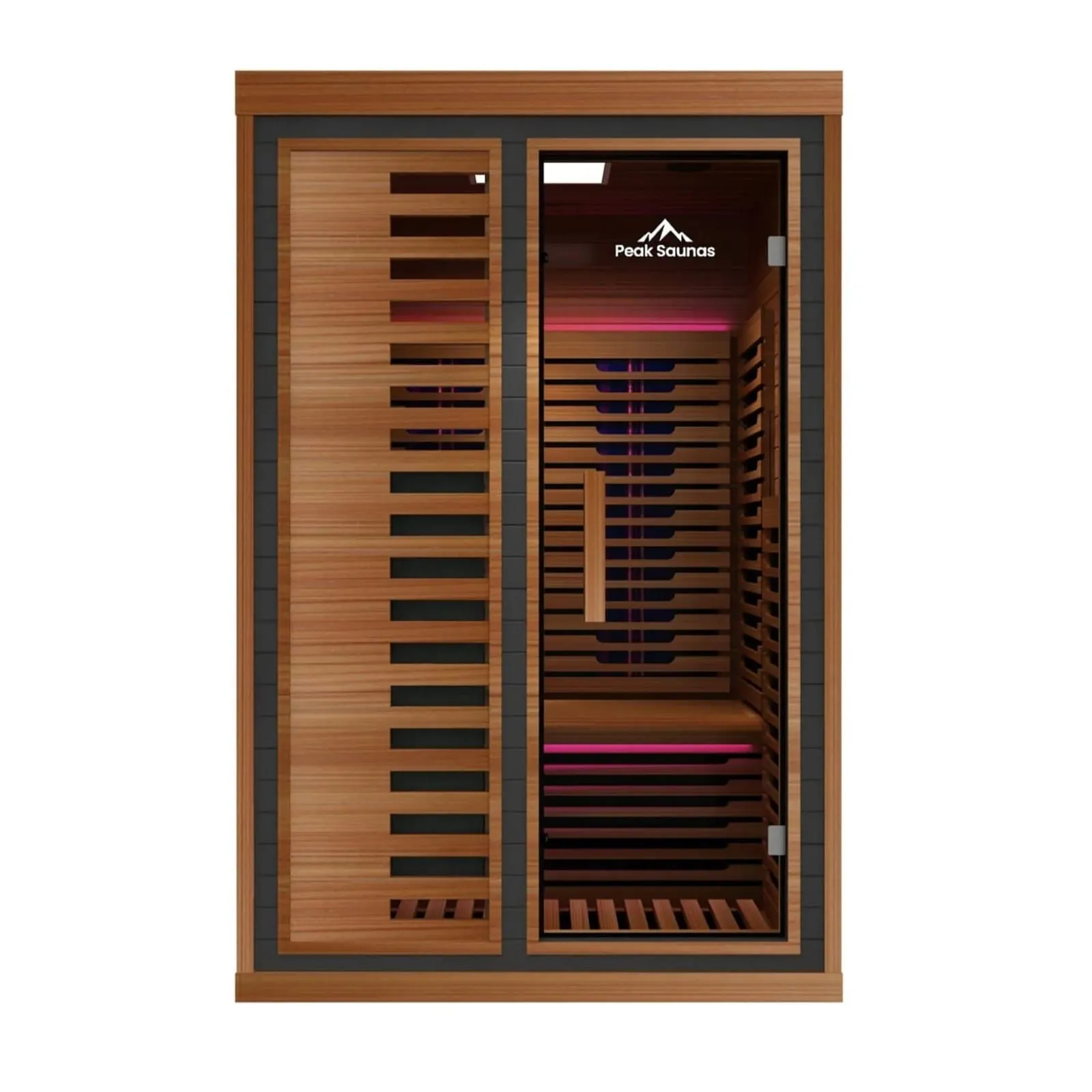 Cedar infrared sauna cabin with a glass door and emitters on the walls